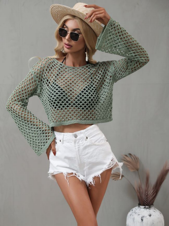 Crochet Spring Summer New Knitwear Bell Sleeve Loose Round Neck Hollow Out Cutout out Sweater Women SERENDIPITY