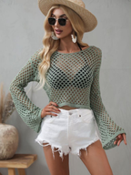 Crochet Spring Summer New Knitwear Bell Sleeve Loose Round Neck Hollow Out Cutout out Sweater Women SERENDIPITY