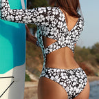 Traje de baño de una pieza de manga larga para mujer con estampado floral