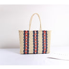 Bolso de paja para mujer, a rayas, de un solo hombro, portátil, de gran capacidad, tejido cuadrado, para viajes, vacaciones, playa 