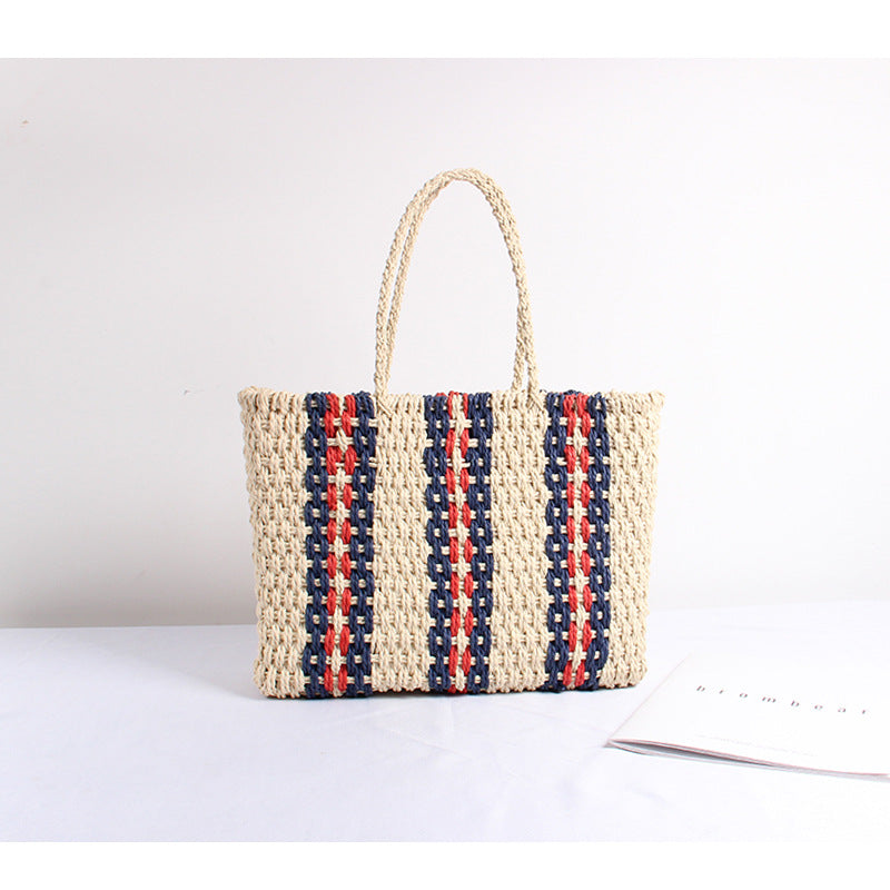 Bolso de paja para mujer, a rayas, de un solo hombro, portátil, de gran capacidad, tejido cuadrado, para viajes, vacaciones, playa 