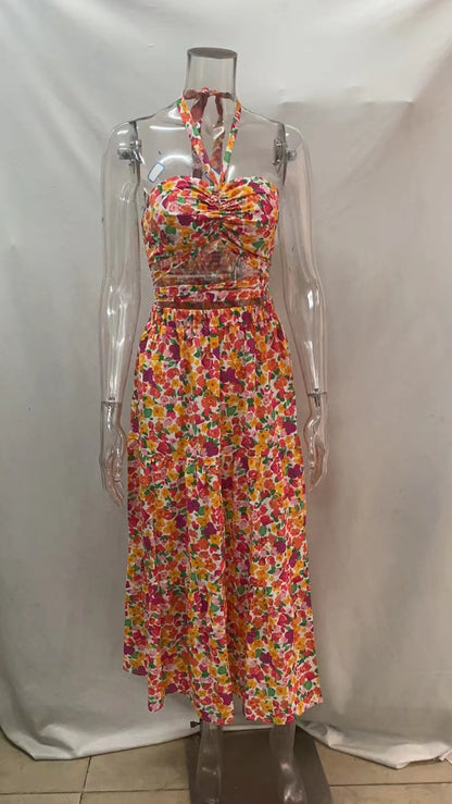 Spring Summer Sexy Halterneck Printed Tied Top Large Swing Dress for Women Floral Burst
