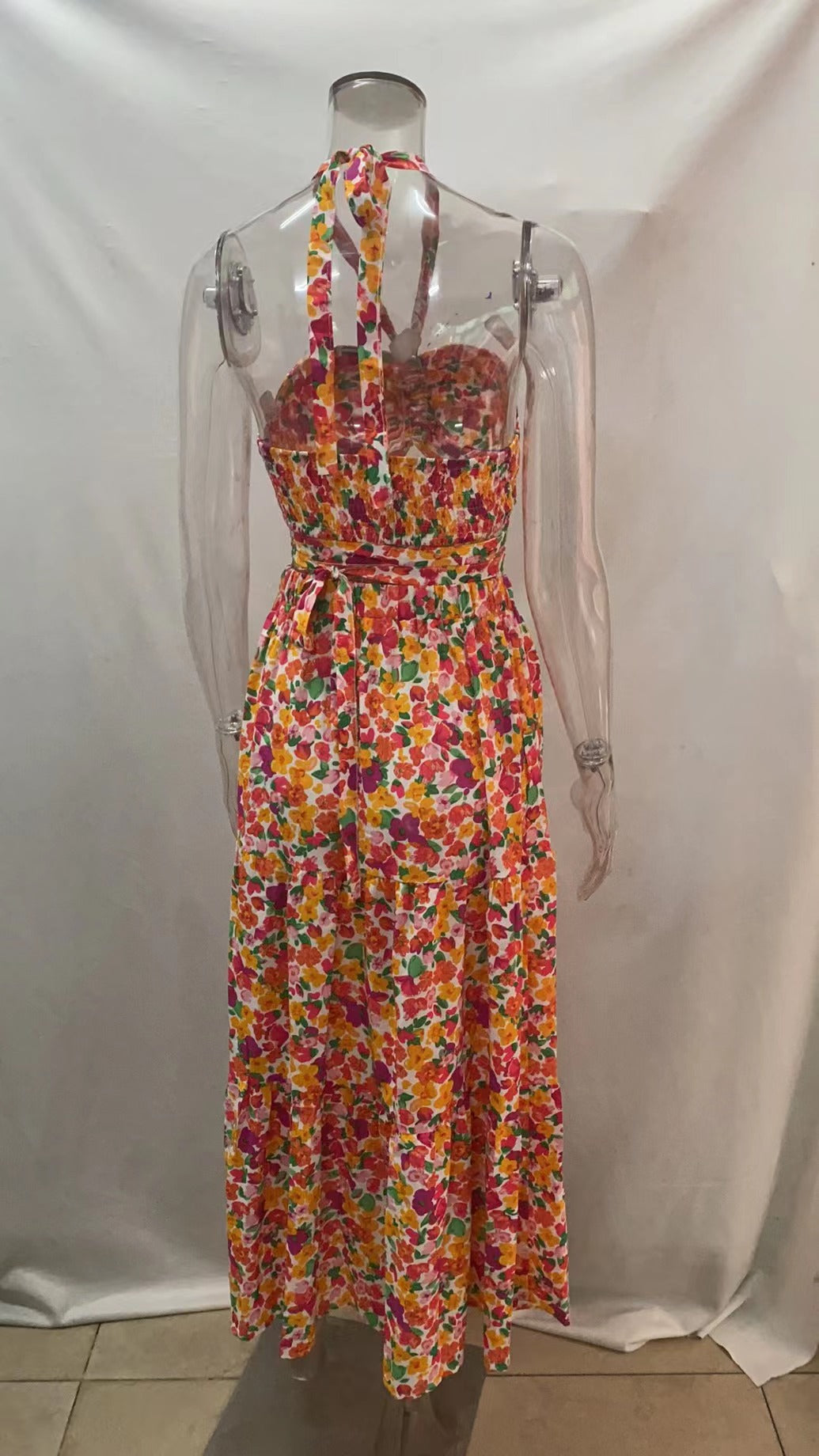 Spring Summer Sexy Halterneck Printed Tied Top Large Swing Dress for Women Floral Burst