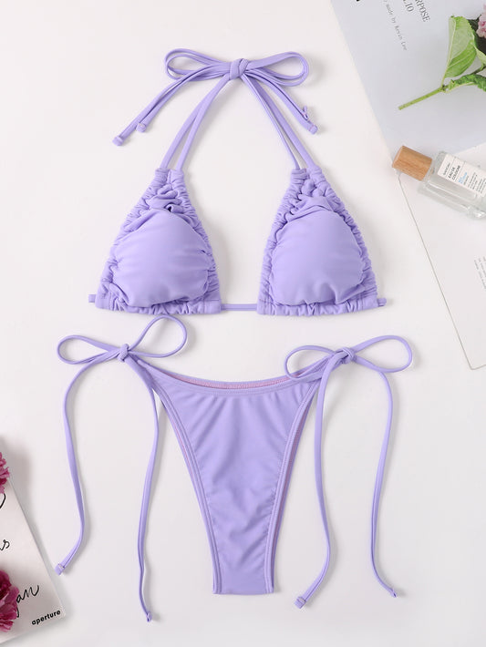 Women Drawstring Lace Split Swimsuit Sexy Bikini