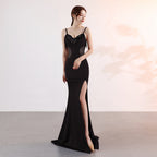 Sling Deep V Plunge Evening Party Dress Long Sexy Slim Fit Slit Nightclub Performance Socialite Evening Dress