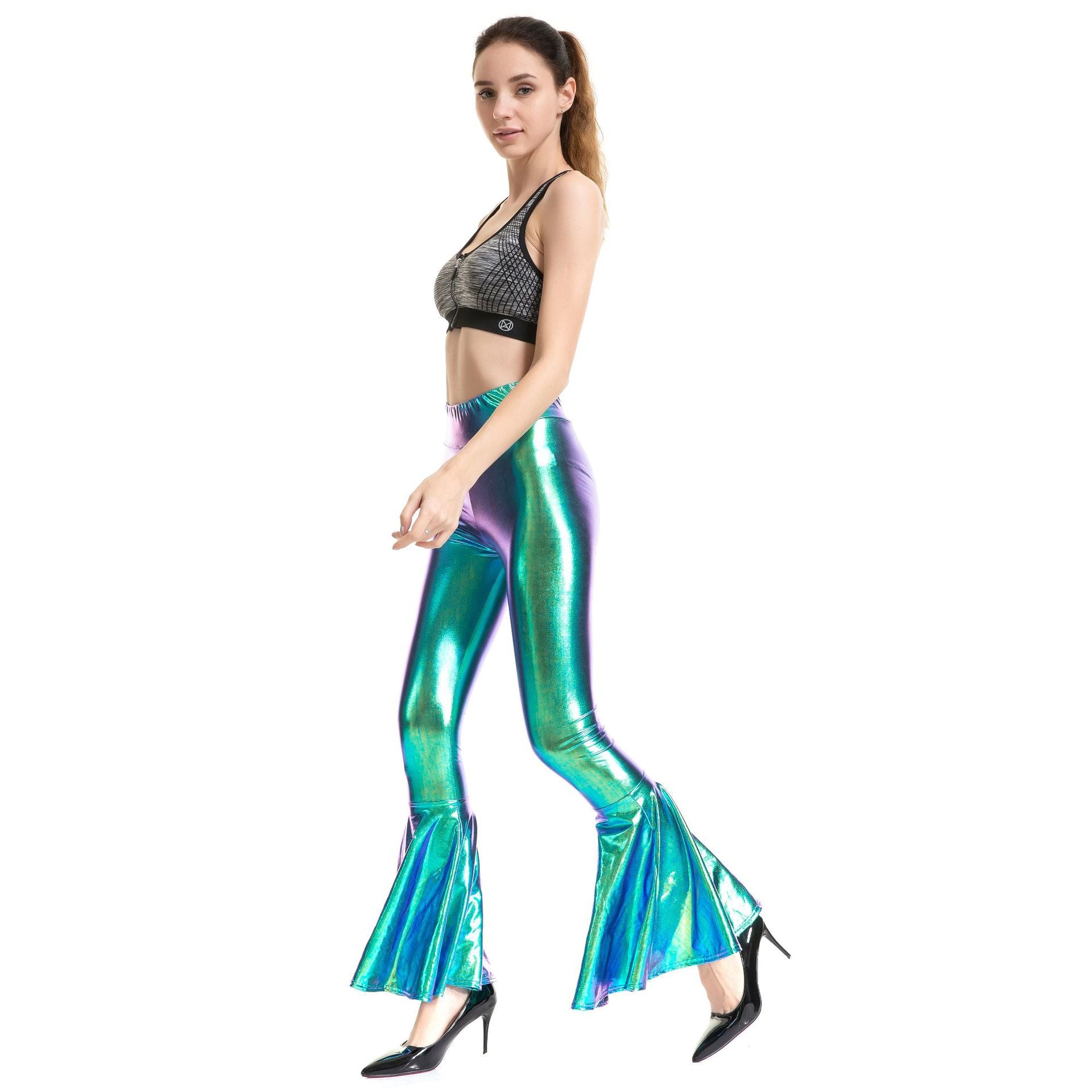 Pantalones acampanados de cintura alta con cintura elástica y color degradado para mujer