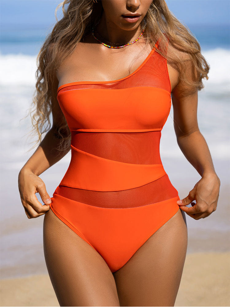 Maillot de bain une pièce uni pour femme, ajouré, découpé, en maille