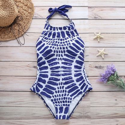 Traje de baño sexy con cuello halter y cordones, estampado de escamas de tótem, bikini ondulado