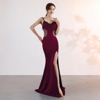 Sling Deep V Plunge Evening Party Dress Long Sexy Slim Fit Slit Nightclub Performance Socialite Evening Dress