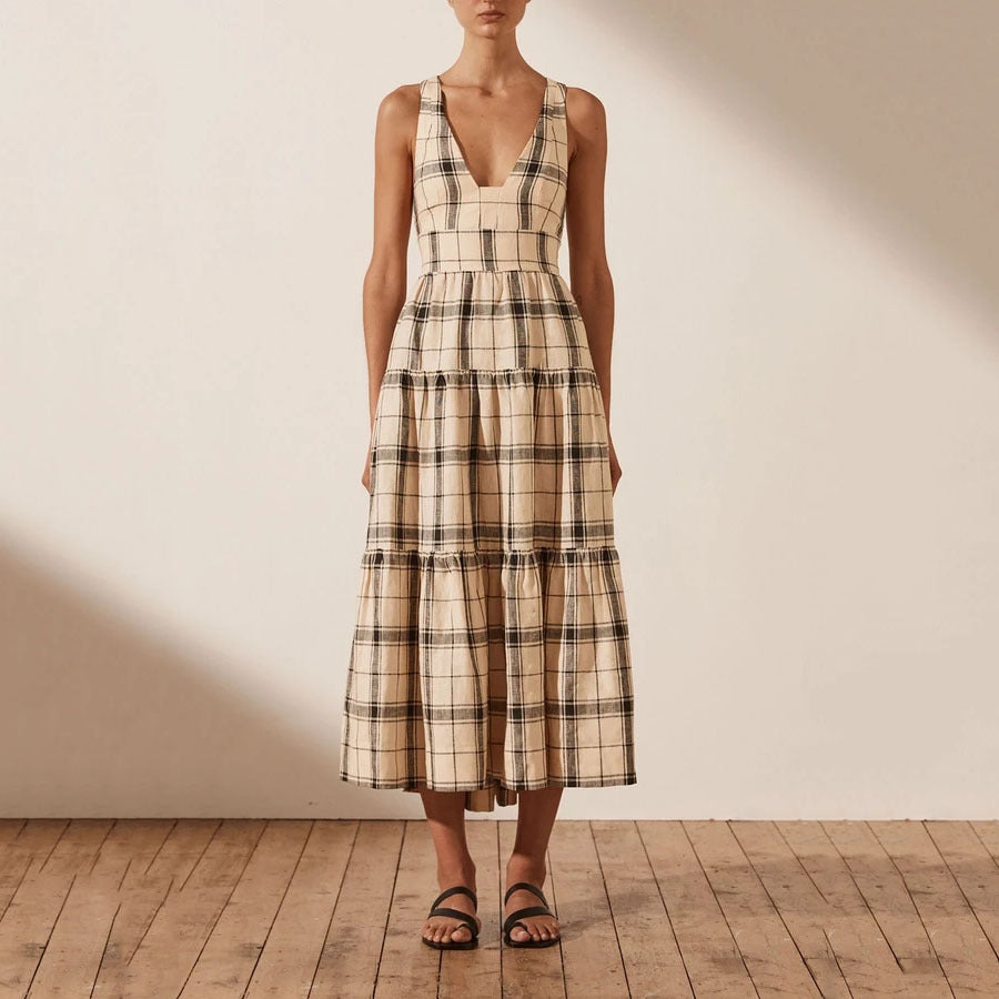 Women Spring Summer Printed Checks Backless Strap A- line Dress DreamFashion