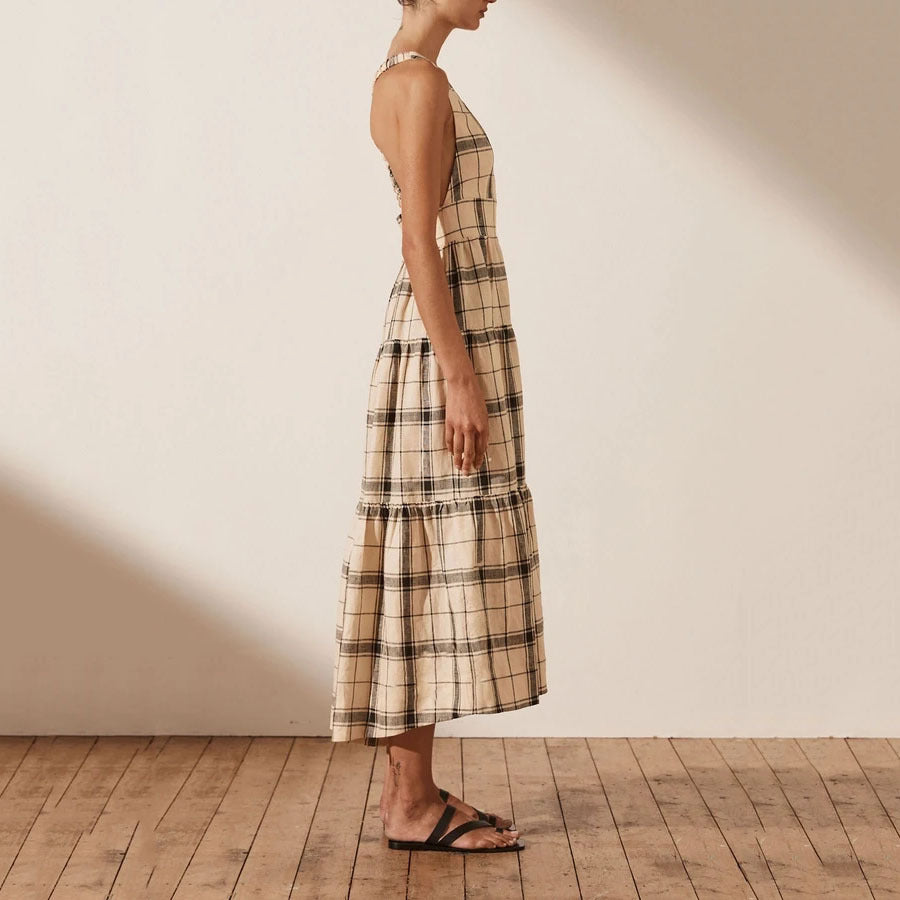 Women Spring Summer Printed Checks Backless Strap A- line Dress DreamFashion