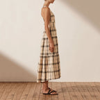 Women Spring Summer Printed Checks Backless Strap A- line Dress DreamFashion