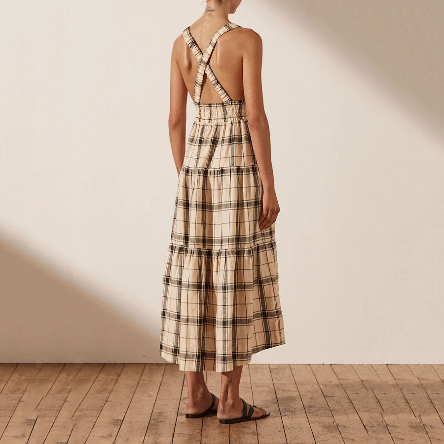 Women Spring Summer Printed Checks Backless Strap A- line Dress DreamFashion