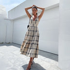 Women Spring Summer Printed Checks Backless Strap A- line Dress DreamFashion
