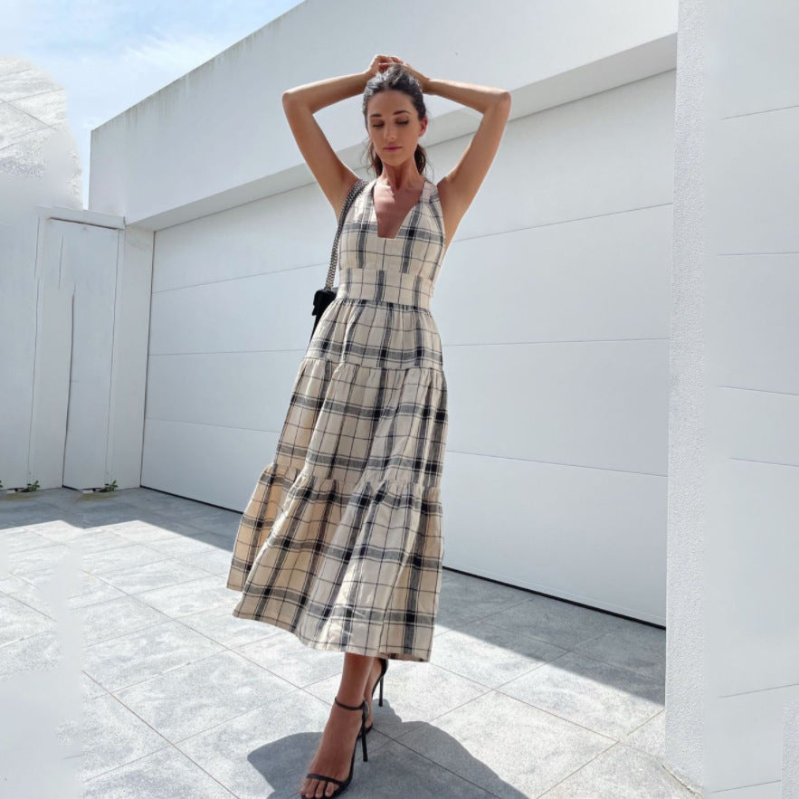Women Spring Summer Printed Checks Backless Strap A- line Dress DreamFashion