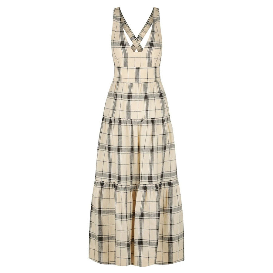 Women Spring Summer Printed Checks Backless Strap A- line Dress DreamFashion