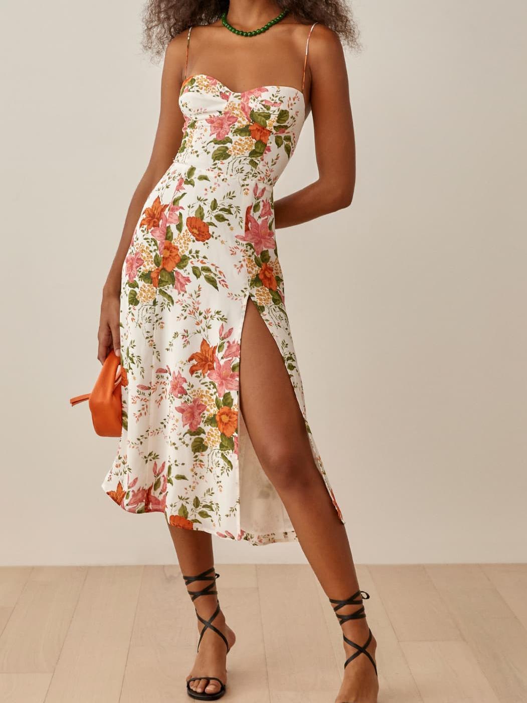 Summer Women High Waist Floral Print Slit Hemline Strap Dress for Women OMI