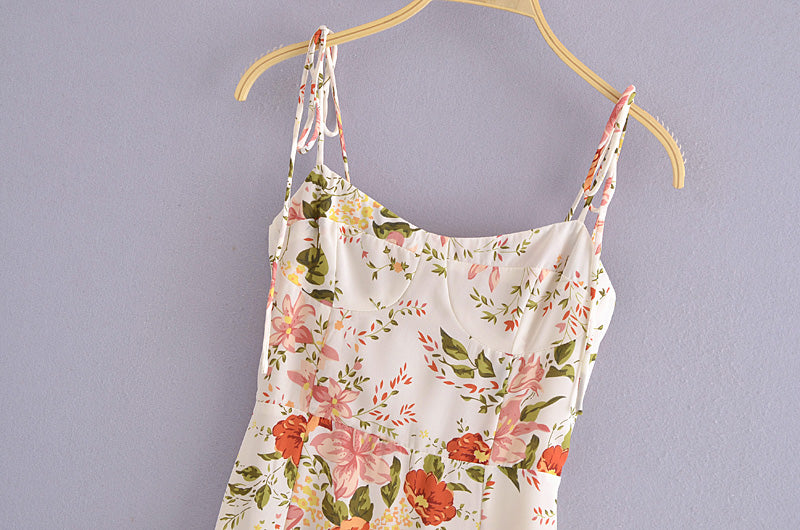 Summer Women High Waist Floral Print Slit Hemline Strap Dress for Women OMI