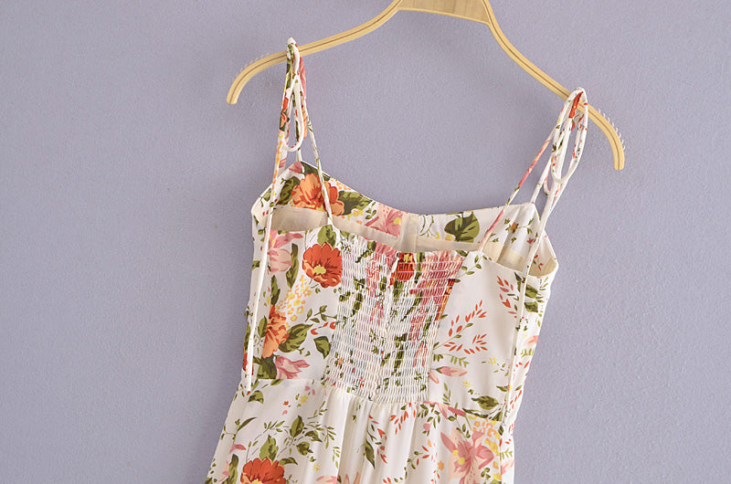 Summer Women High Waist Floral Print Slit Hemline Strap Dress for Women OMI