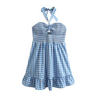 Vestido corto de primavera con cuadros, aberturas, espalda descubierta, tirantes y capas