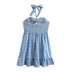 Vestido corto de primavera con cuadros, aberturas, espalda descubierta, tirantes y capas