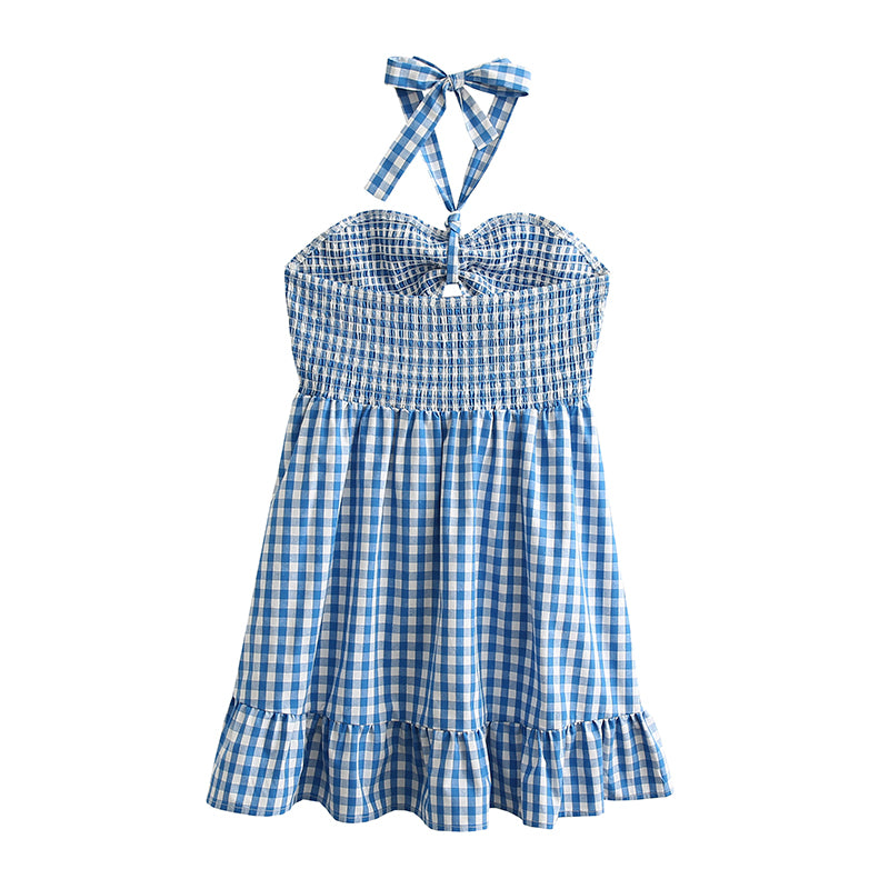 Vestido corto de primavera con cuadros, aberturas, espalda descubierta, tirantes y capas