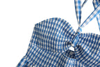 Vestido corto de primavera con cuadros, aberturas, espalda descubierta, tirantes y capas