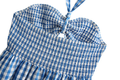 Robe courte printanière à carreaux, dos nu, bretelles et découpes ajourées, à volants