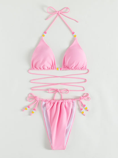 Bikini sexy de color sólido con cuello halter y vendaje para mujer