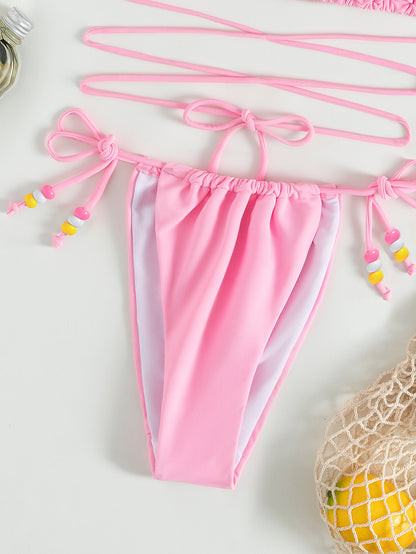 Bikini sexy de color sólido con cuello halter y vendaje para mujer