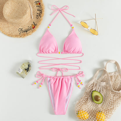 Bikini sexy de color sólido con cuello halter y vendaje para mujer