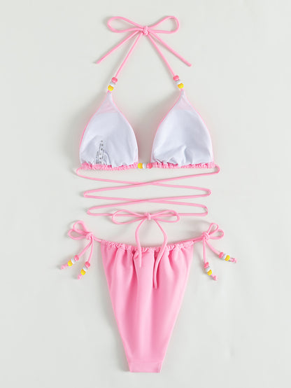 Bikini sexy de color sólido con cuello halter y vendaje para mujer