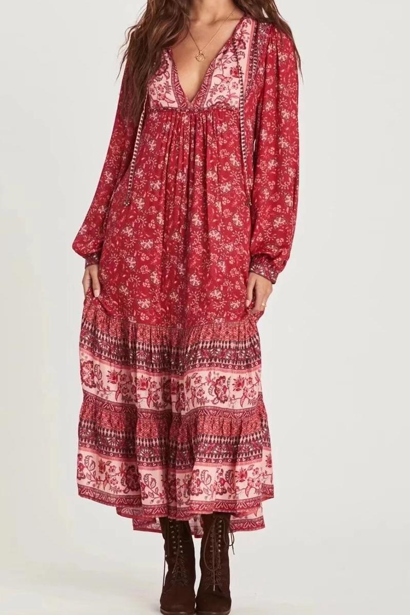 Summer Women Holiday Rayon Positioning Printed Long-Sleeved Dress Long Starivy