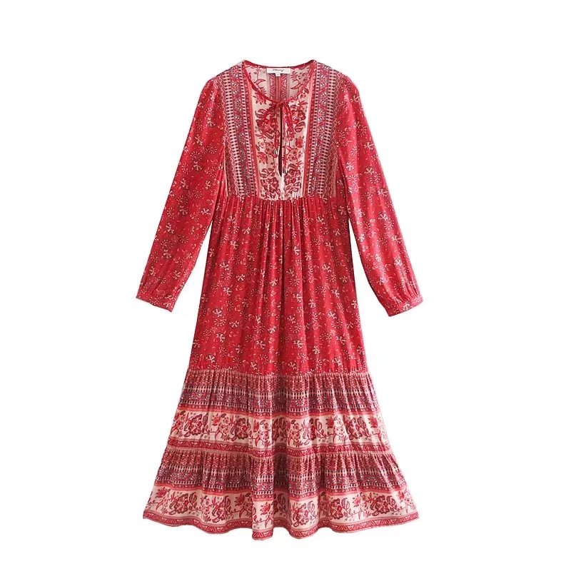 Summer Women Holiday Rayon Positioning Printed Long-Sleeved Dress Long Starivy