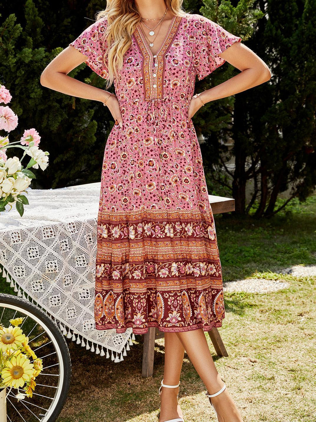Women Clothing Summer Rayon Positioning Printed Dress V-neck Lace-up Vacation Dress Bohemian Starivy