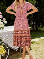 Women Clothing Summer Rayon Positioning Printed Dress V-neck Lace-up Vacation Dress Bohemian Starivy