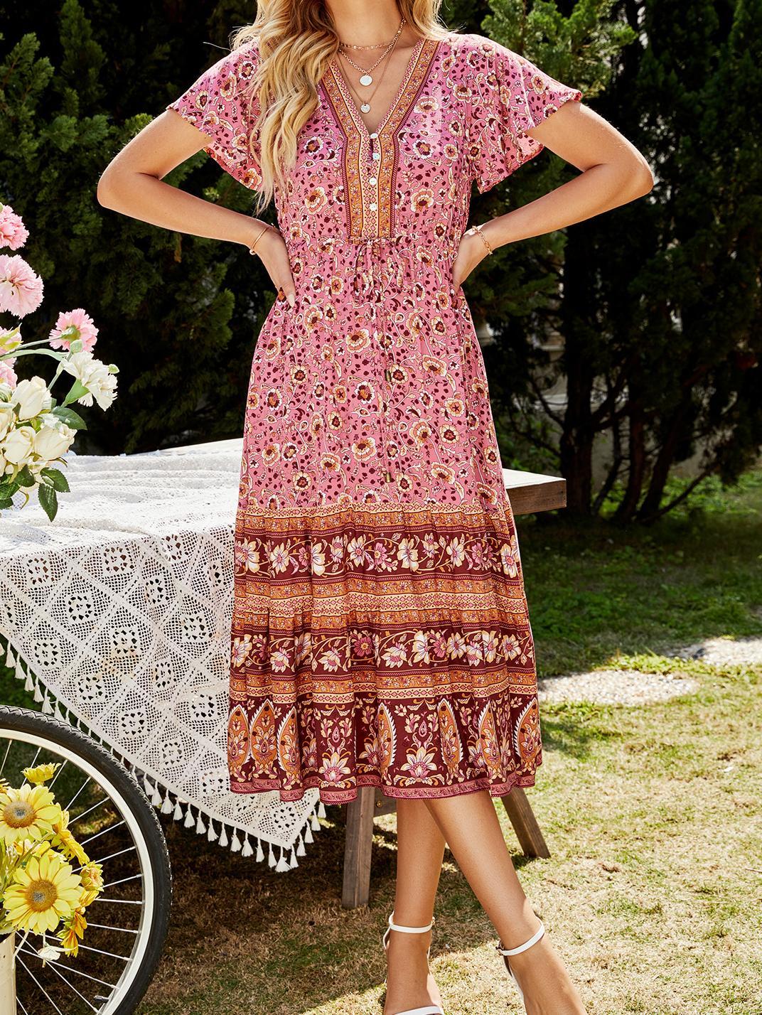 Women Clothing Summer Rayon Positioning Printed Dress V-neck Lace-up Vacation Dress Bohemian Starivy