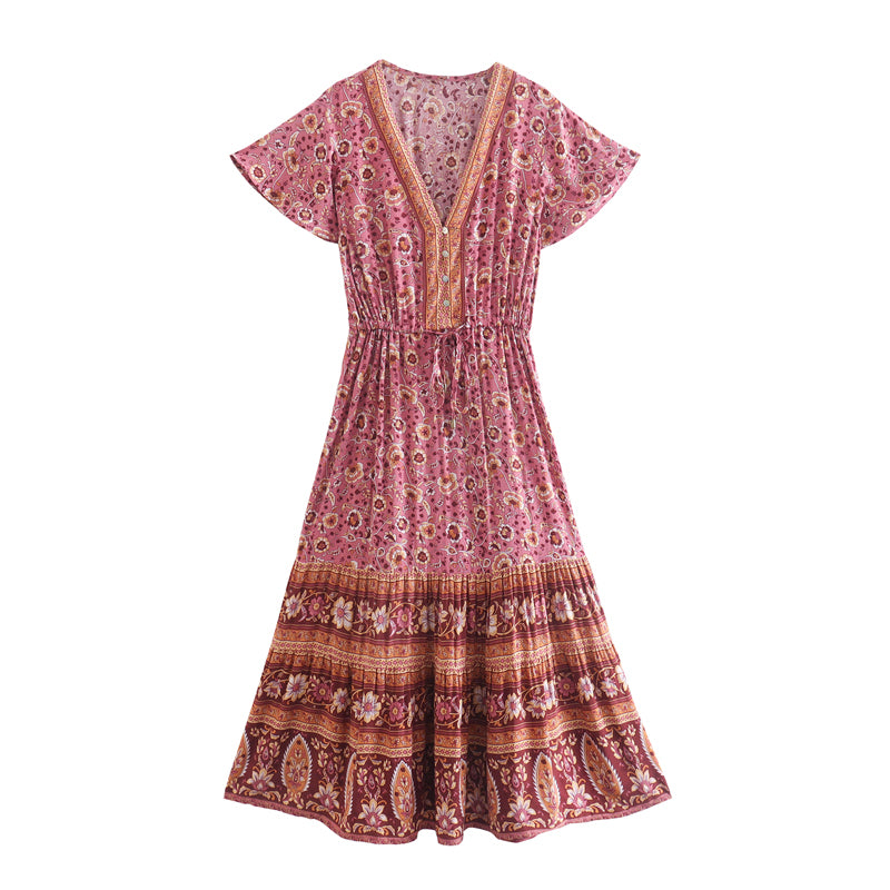 Women Clothing Summer Rayon Positioning Printed Dress V-neck Lace-up Vacation Dress Bohemian Starivy