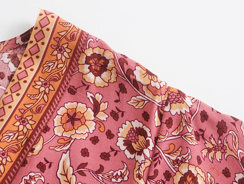 Women Clothing Summer Rayon Positioning Printed Dress V-neck Lace-up Vacation Dress Bohemian Starivy