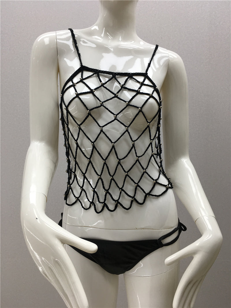 Top Knitted Hollow Out Cutout Bikini Camisole Women Loose Seaside Vacation Beach Sun Protection Blouse Pullover Top SERENDIPITY