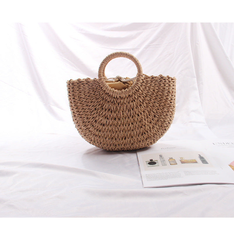 Bolso de paja semicircular para mujer, bolsa de playa para vacaciones, verano, Corea del Sur, tejido a mano, de ratán 