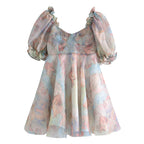 Women Clothing Organza Printed Pattern Princess Dress Dress Summer V-neck Short Sheer Puffy dress TinkleBell
