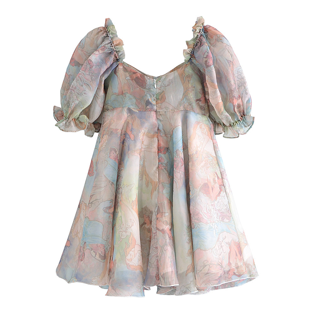 Women Clothing Organza Printed Pattern Princess Dress Dress Summer V-neck Short Sheer Puffy dress TinkleBell
