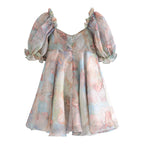 Women Clothing Organza Printed Pattern Princess Dress Dress Summer V-neck Short Sheer Puffy dress TinkleBell