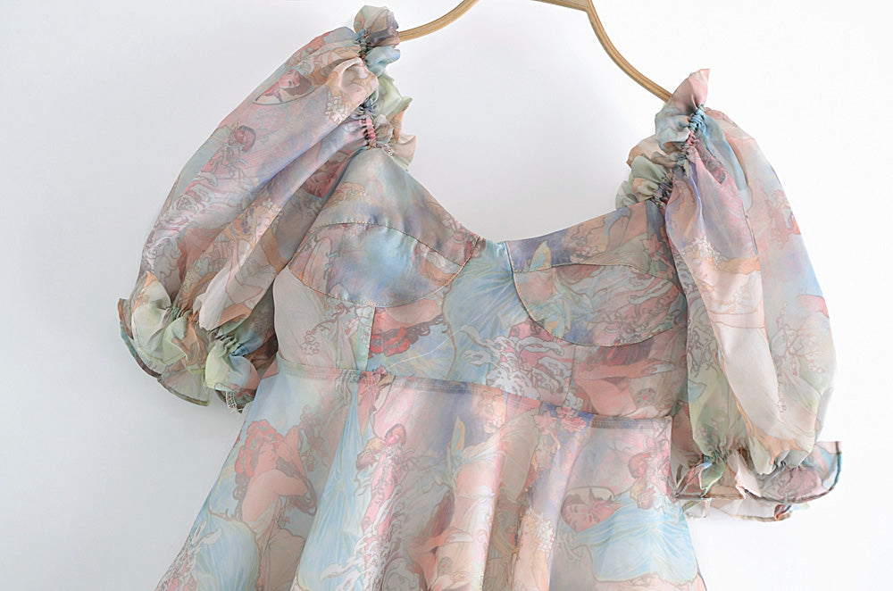 Women Clothing Organza Printed Pattern Princess Dress Dress Summer V-neck Short Sheer Puffy dress TinkleBell