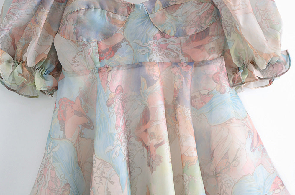 Women Clothing Organza Printed Pattern Princess Dress Dress Summer V-neck Short Sheer Puffy dress TinkleBell