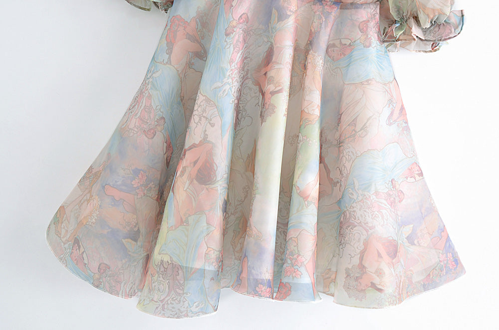 Women Clothing Organza Printed Pattern Princess Dress Dress Summer V-neck Short Sheer Puffy dress TinkleBell