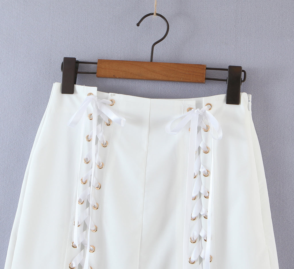 Women Clothing Summer Blogger Milky White Split Air Hole Criss Cross Strap Skirt Yvonne