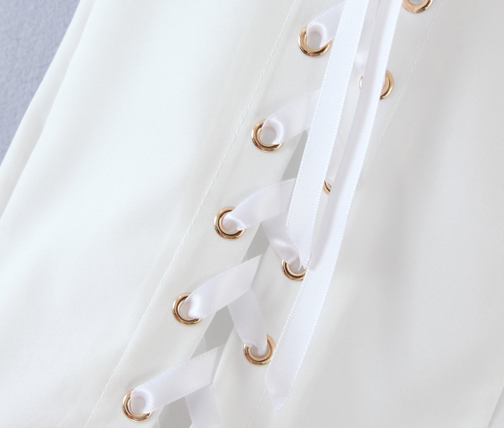 Women Clothing Summer Blogger Milky White Split Air Hole Criss Cross Strap Skirt Yvonne