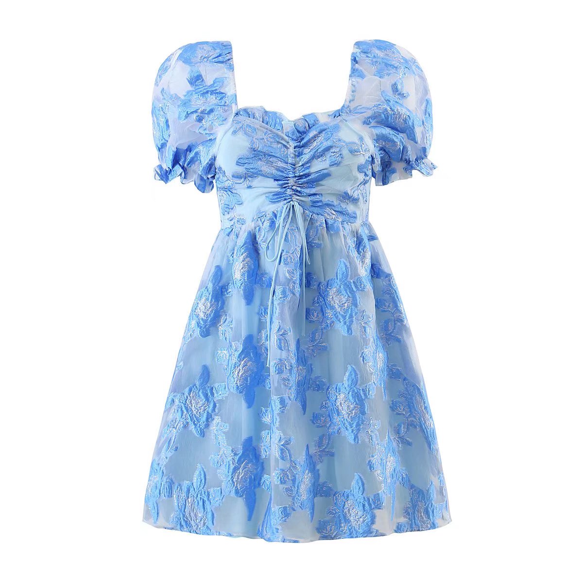 Gilded Embroidery Blue Flower Bubble Sleeve Chest Drawstring Princess Dress Sheer Yvonne